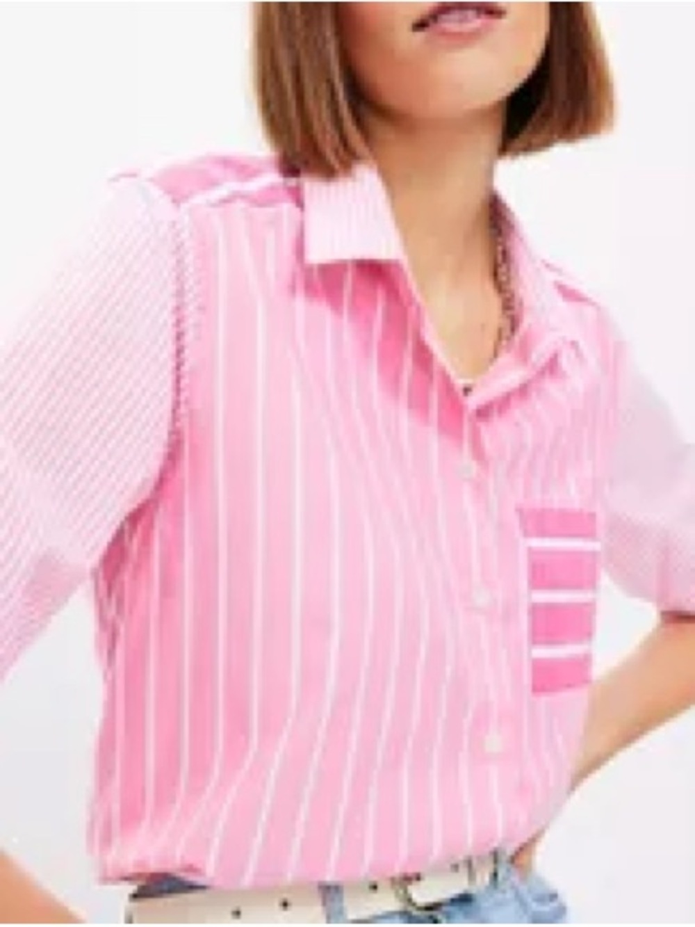 LOFT Pink & White Stripe Button Up Top Size Large Cotton Shirt Blouse Colorblock
